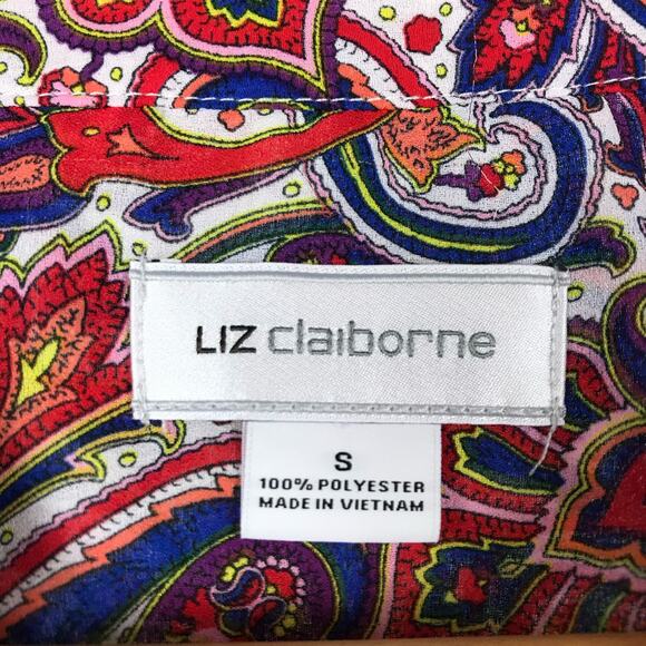 Liz Claiborne Paisley Floral Jewel Tone Blouse Fall Print Roll Up Sleeves Size S - Picture 9 of 12